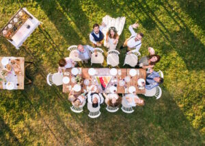 aerial photo of a wedding party